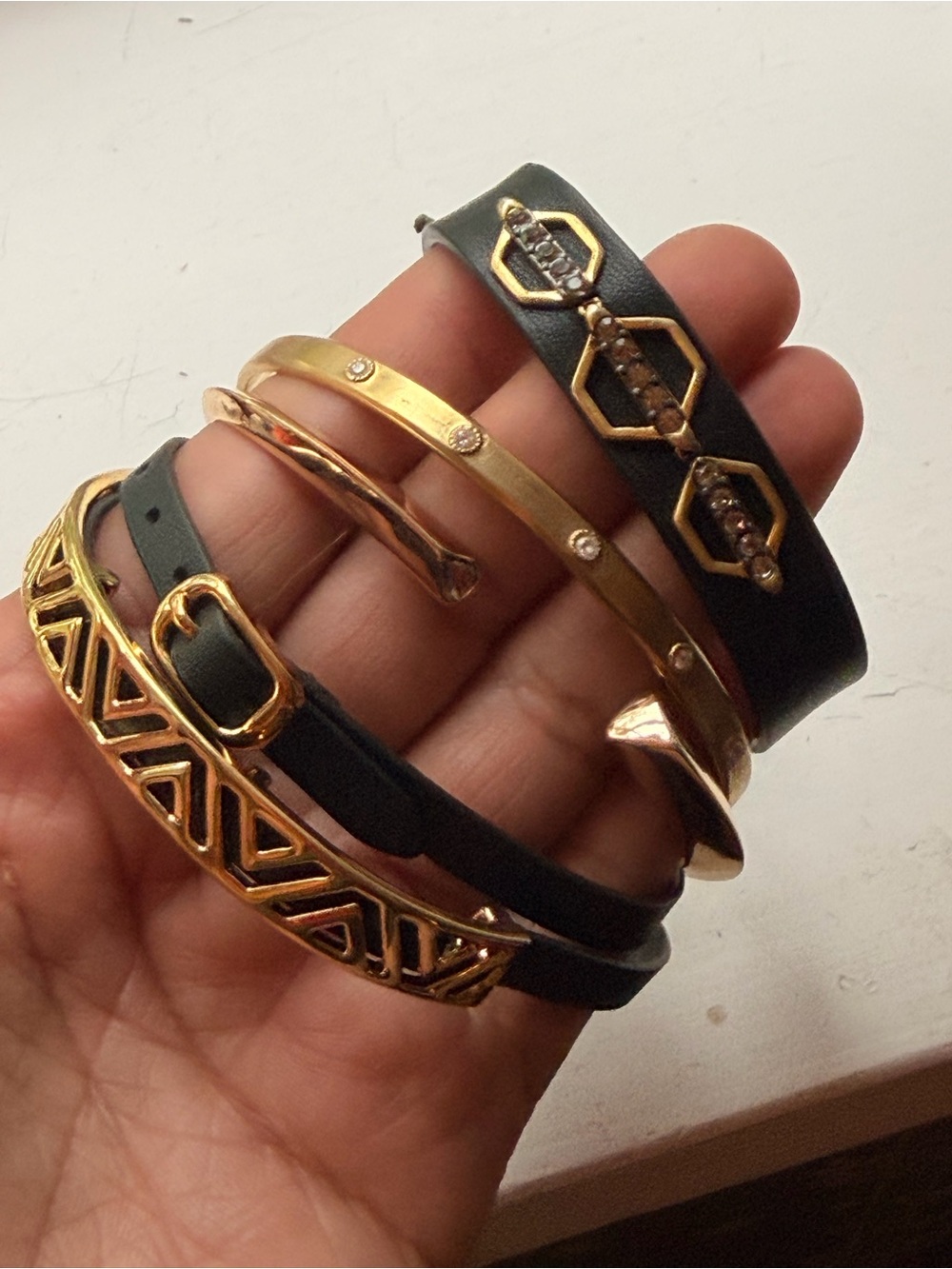 Stella & Dot Black and Gold Leather Wrap Bracelet Stack (4)